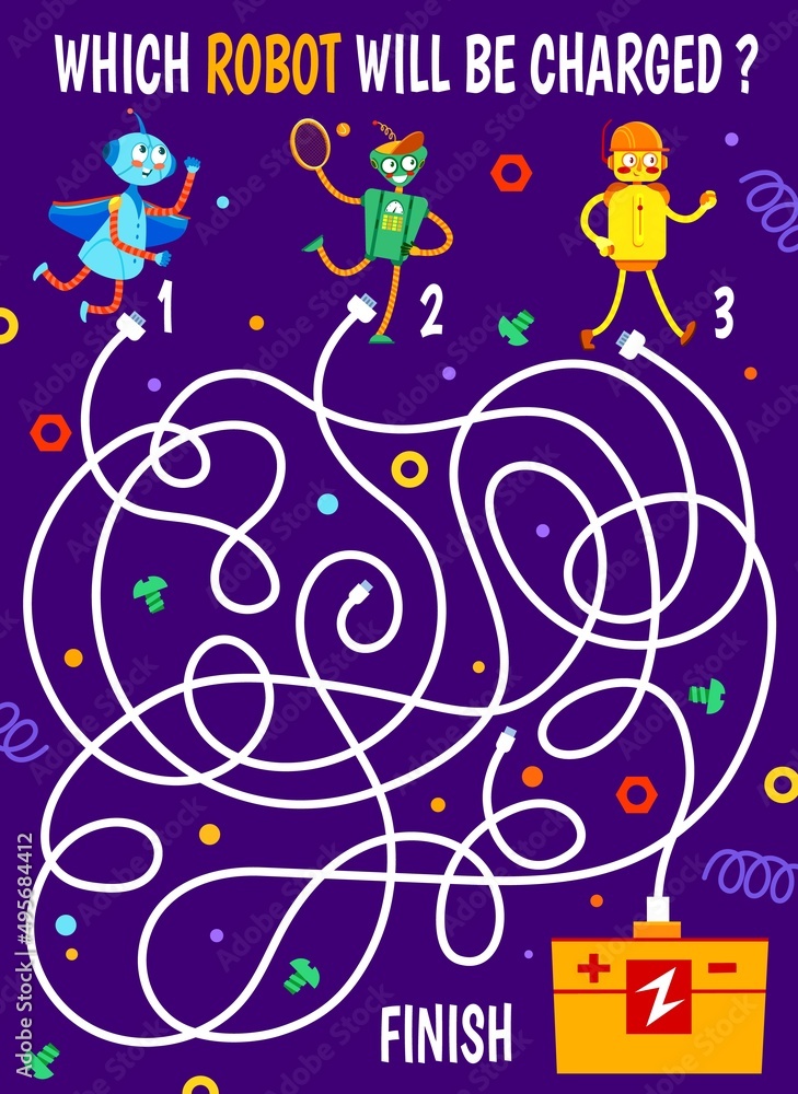 Aufkleber mechanic robots charging on labyrinth maze worksheet. find a way kids puzzle book vector page, child