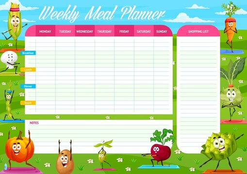 Cartoon raw vegetables characters on yoga, weekly meal planner schedule, vector organizer check list. Food plan for week or calendar diet menu with grocery shopping list with vegetables in fitness - Powered by Adobe