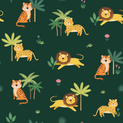 Cute kids seamless pattern with lions, tigers, leopards and palms, hand drawn illustration, summer background