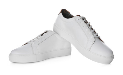Pair of stylish sports shoes on white background