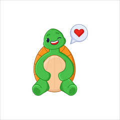 Cute turtle cartoon character flirting sticker. Adorable comic tortoise winking, speech bubble with heart flat vector illustration isolated on white background. Emotions, animals concept
