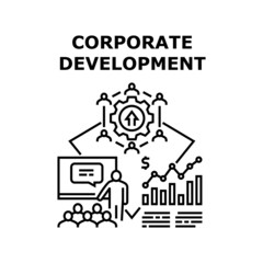 Corporate Development Vector Icon Concept. Corporate Development And Management. Businessman Managing Employees And Hr Educational Lecture. Company Brand Presentation Black Illustration