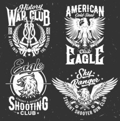 Tshirt prints with eagles and weapon, vector mascot for war history and shooting club apparel design. T shirt prints with grunge typography. Emblems or labels with eagle or griffin in heraldic style
