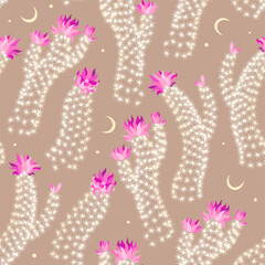 Cacti with pink flowers vector seamless pattern