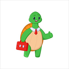 Cute turtle cartoon character with briefcase sticker. Comic tortoise as office worker or businessman giving thumbs up flat vector illustration isolated on white background. Emotions, animals concept