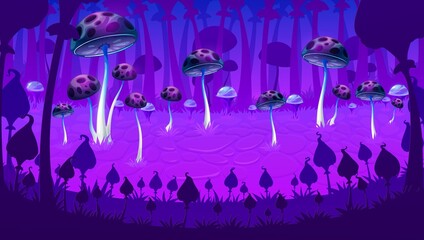 Purple luminous mushrooms game level landscape or alien fantasy magic forest scene location. Vector game ui, cartoon background of mystery forest at night, fairy mushrooms, fungi plants and dew drops