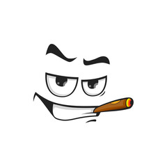 Cartoon smoking face, vector character with cigar in mouth. Self confident smoker personage with toothy smiling and squint eyes. Mafia or gigolo grin - obrazy, fototapety, plakaty