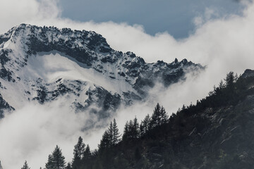 snow covered mountains and clouds