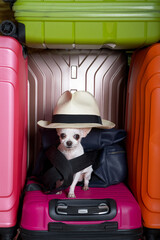 A chihuahua dog wearing a stylish hat and a small backpack sits among large suitcases and is waiting for an interesting journey. A small dog will carefully erase into the camera
