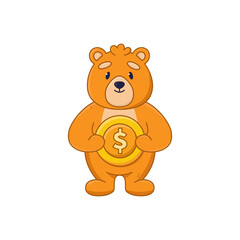 Obraz na płótnie Canvas Cute orange bear cartoon character holding big gold coin sticker. Friendly comic animal saving or earning money flat vector illustration isolated on white background. Wildlife, emotions concept