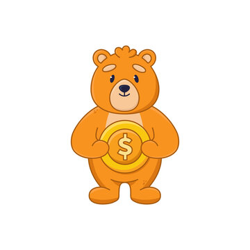 Cute orange bear cartoon character holding big gold coin sticker. Friendly comic animal saving or earning money flat vector illustration isolated on white background. Wildlife, emotions concept