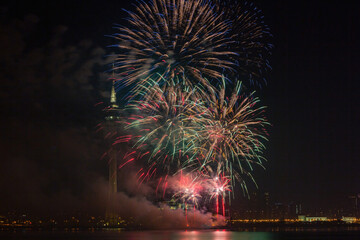 Night view of the New Year fireworks over Macau Tower