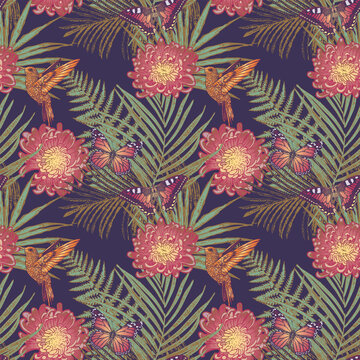 vector image of a seamless texture for fabrics and paperjungle thickets with flowers butterflies and hummingbirds