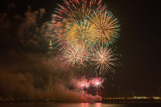 Night view of the New Year fireworks over Macau Tower