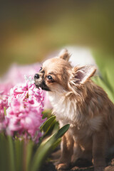 Close up portrait of cute happy tiny orange puppy of long haired chihuahua sitting among blooming pink flowers and smelling them with opened eyes on the green background on sunny day