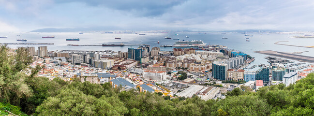 A panorama view from the rock above the town and bay of Gibraltar on a spring day