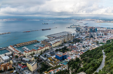 A view from the rock looking down on the settlement below of Gibraltar on a spring day