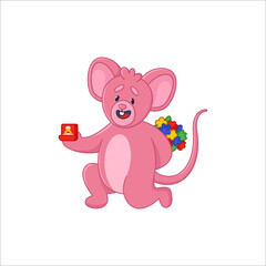 Pink mouse cartoon character proposing with ring in box sticker. Cute comic rat standing on knee and hiding bouquet flat vector illustration isolated on white background. Emotions, animals concept