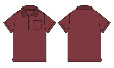 Polo Shirt Technical Fashion Flat Sketch vector illustration template front and back view isolated on white background. Men's and boys fashion polo t shirt Red Color mock up CAD.