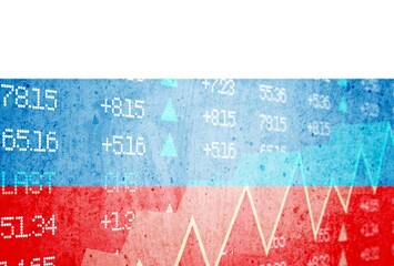 Economic crisis with stock market chart background. Russian flag painted with financial money market downturn concept.