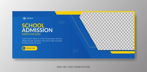 Editable school admission Web banner template. With blue and yellow colour background