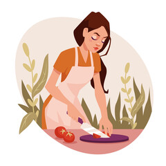 Young girl preparing dinner. Woman prepares salad,  cut tomatoes knife on a cutting board. Meal, lunch or dinner. Housekeeping concept. Women routine, everyday life concept. Vector illustration.