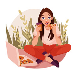 Young woman eating pizza while sitting on the floor and drinking coffee. Meal, lunch or dinner. Сoncept of not proper nutrition. Women routine, everyday life concept. Vector illustration.