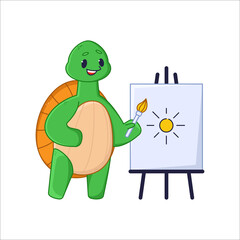 Cute turtle cartoon character drawing sun sticker. Adorable comic tortoise painting, canvas on easel flat vector illustration isolated on white background. Emotions, animals concept