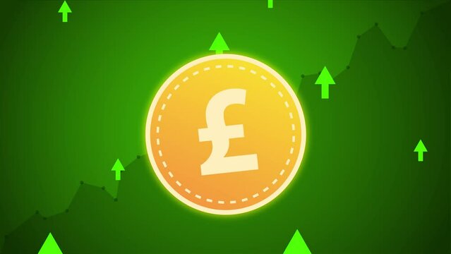 Concept of British money with green arrows rising in bull market. Pound sterling 2D animation