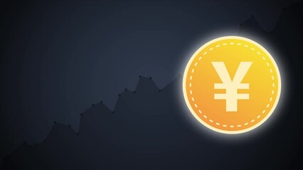 Japanese yen coin 3D rotating on its axis with price curve in the background