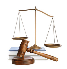 Wooden gavel, books and scales of justice on white background