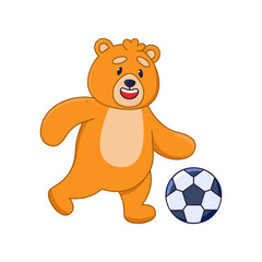 Funny orange bear cartoon character playing soccer sticker. Cute comic forest animal running with football ball flat vector illustration isolated on white background. Wildlife, emotions concept