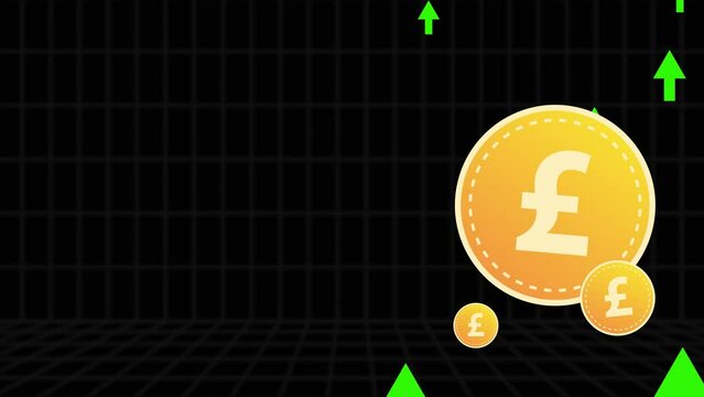 British Pound sterling coin with upward green arrows and black background. 2D animation