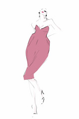 Young woman model in evening dress. Fashion illustration, sketch. Vector