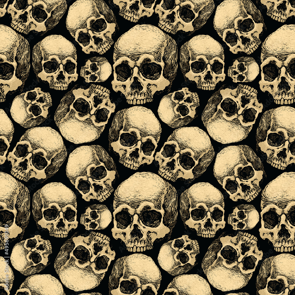 Poster vector image of a dense texture with skulls on a dark background