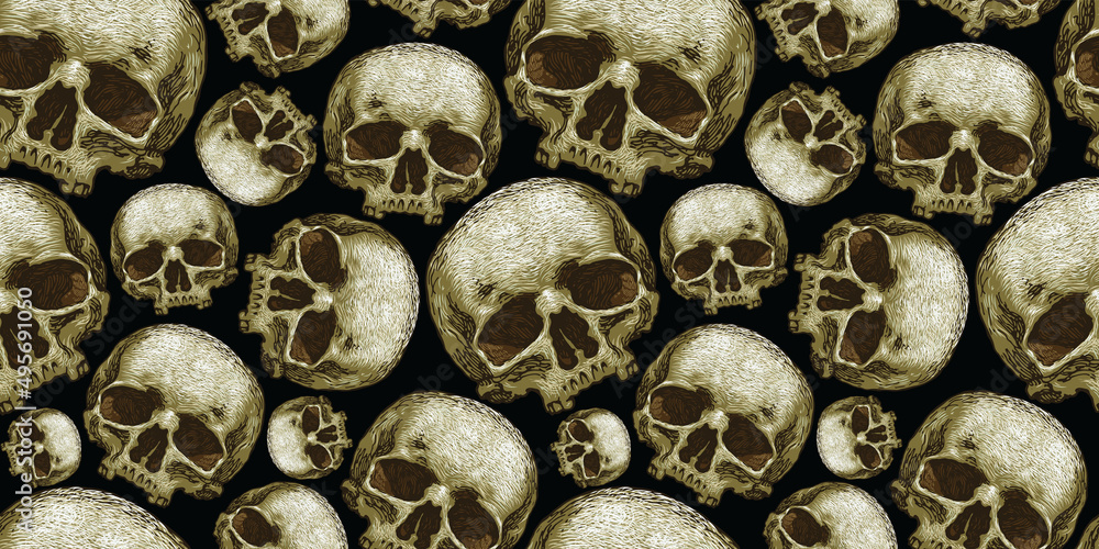 Poster vector image of a dense texture with skulls on a dark background