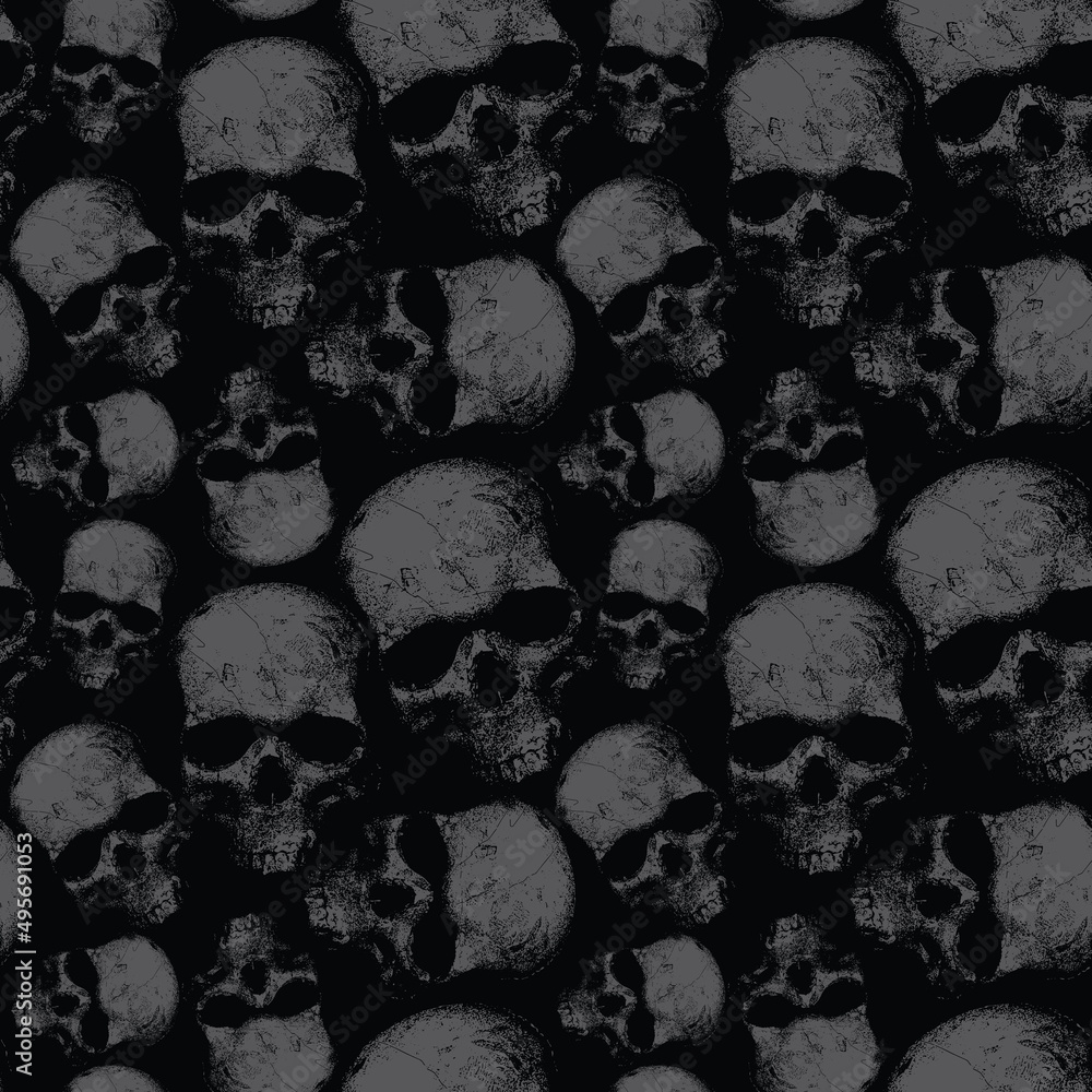 Poster vector image of a dense texture with skulls on a dark background