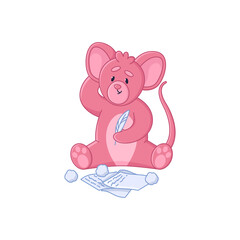 Confused pink mouse cartoon character writing with quill sticker. Creative comic rat writing ideas, crumpled paper flat vector illustration isolated on white background. Emotions, animals concept