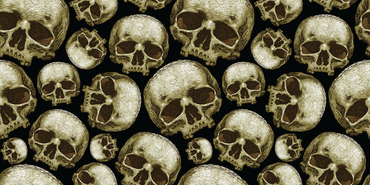 Vector image of a dense texture with skulls on a dark background