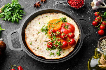 Omelet with tomatoes and parsley in a pan. Food for breakfast. Free space for your text. Top view.