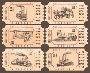 vector image of a set of vintage tickets for different retro transport