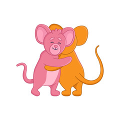 Happy pink mouse cartoon character hugging friend sticker. Adorable rat characters embracing, friendship flat vector illustration isolated on white background. Emotions, animals concept