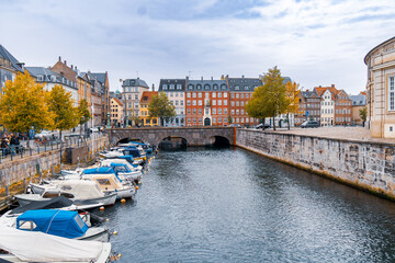 Copenaghen, Denmark - October 3, 2021: view of the Frederiksholms Canal with boats