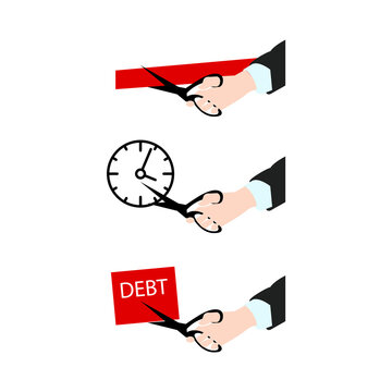 Illustration Of Hands Cutting A Red Tape, A Clock, And A 