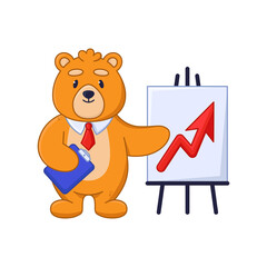 Cute bear cartoon character giving business presentation sticker. Orange comic forest animal showing statistics flat vector illustration isolated on white background. Wildlife, emotions concept