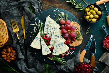 Blue cheese with mold on a plate with snacks. Rustic style. Free copy space.