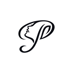 a combination of the letter P with a woman's face with a variety of leaves