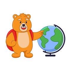 Cute orange bear cartoon character pointing at globe sticker. Comic forest animal as student or pupil with backpack flat vector illustration isolated on white background. Wildlife, emotions concept