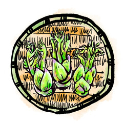 竹ざるに盛った「タラの芽」の手書きイラスト（筆書き墨絵風）