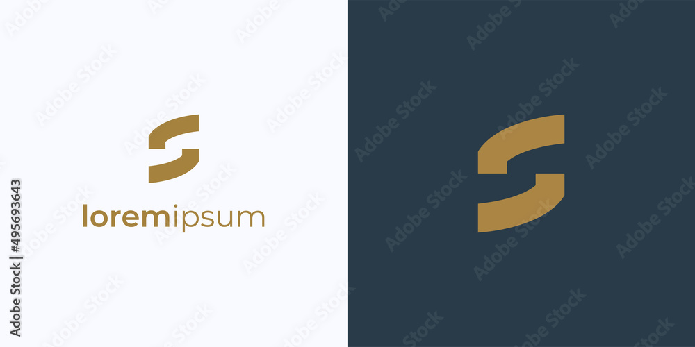 Poster simple synergy logo. gold color initial letter s isolated on double background. flat vector logo des
